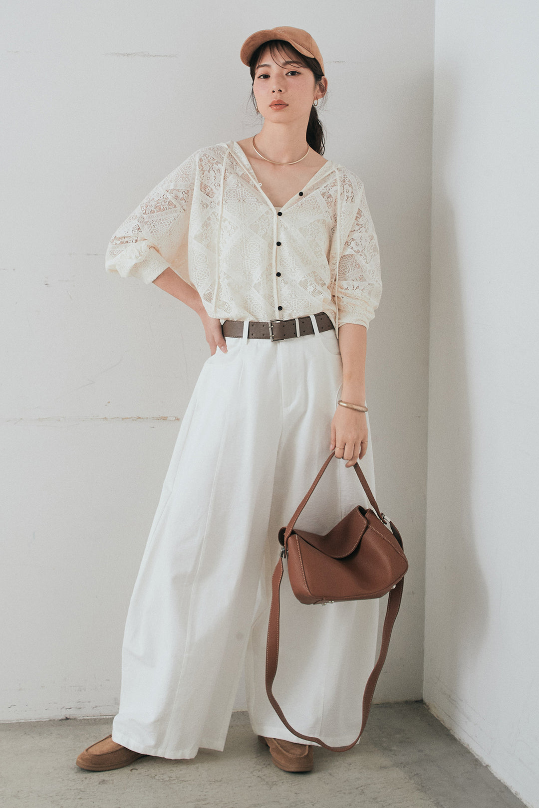 [SET]ブロックレースフード付きブラウス+ベルト付きサイドタックワイドパンツ(2set)