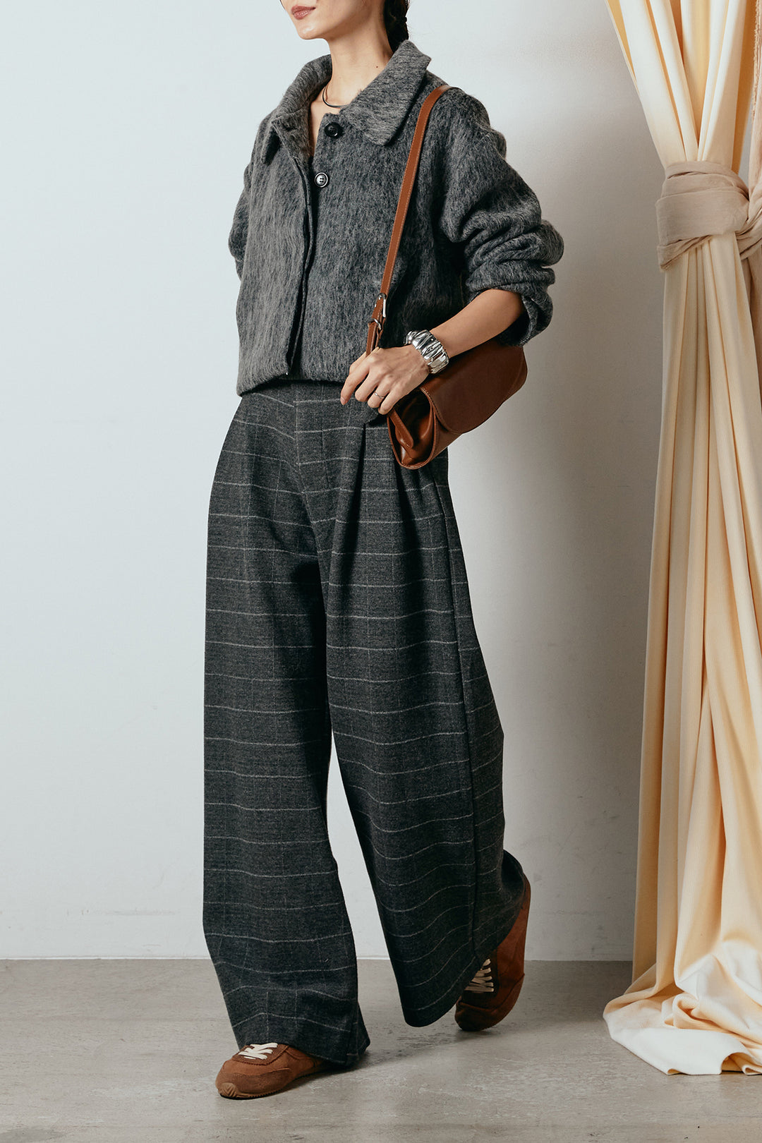 [SET]シャギーショートジャケット+スクエアチェック柄ワイドパンツ(2set)