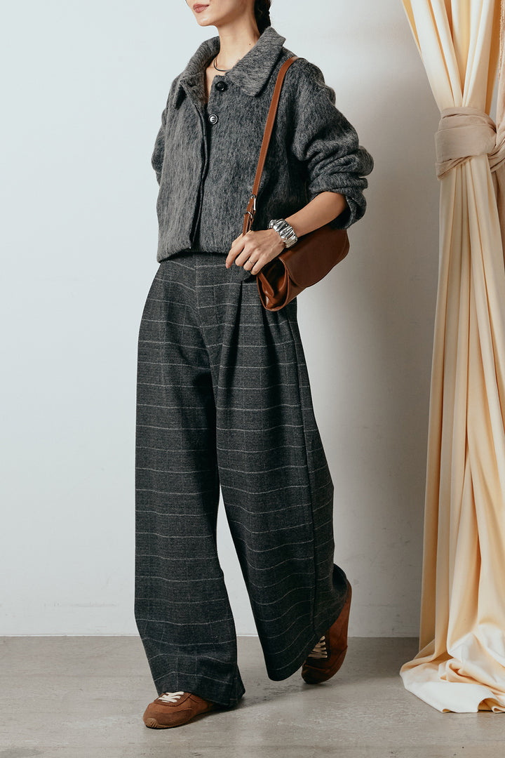 [SET]シャギーショートジャケット+スクエアチェック柄ワイドパンツ(2set)
