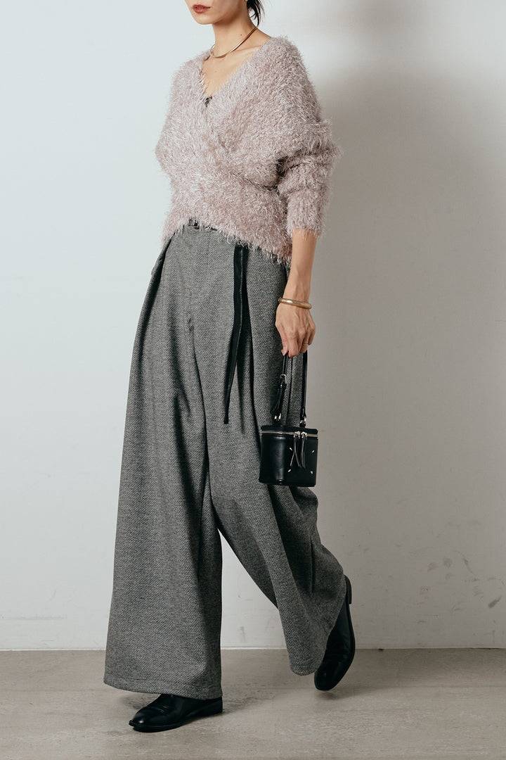 [SET]シャギークロスニットトップス+細ベルト付き起毛タックワイドパンツ(2set)