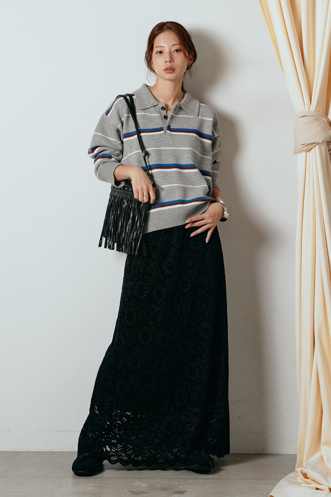 [SET]襟付きマルチボーダーニットポロトップス+花柄刺繍ベロアフレアスカート(2set)