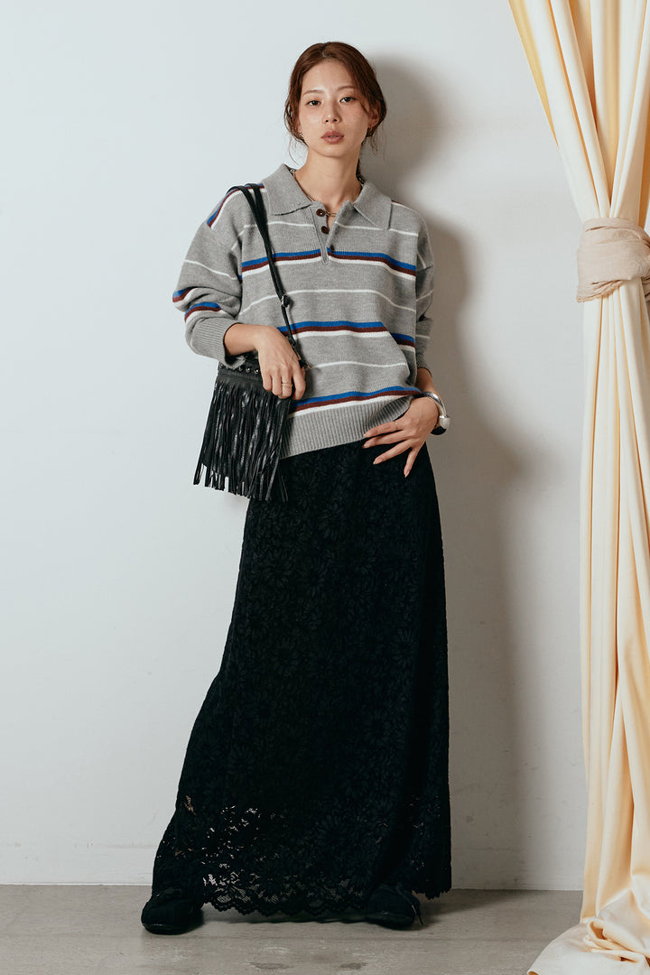 [SET]襟付きマルチボーダーニットポロトップス+花柄刺繍ベロアフレアスカート(2set)