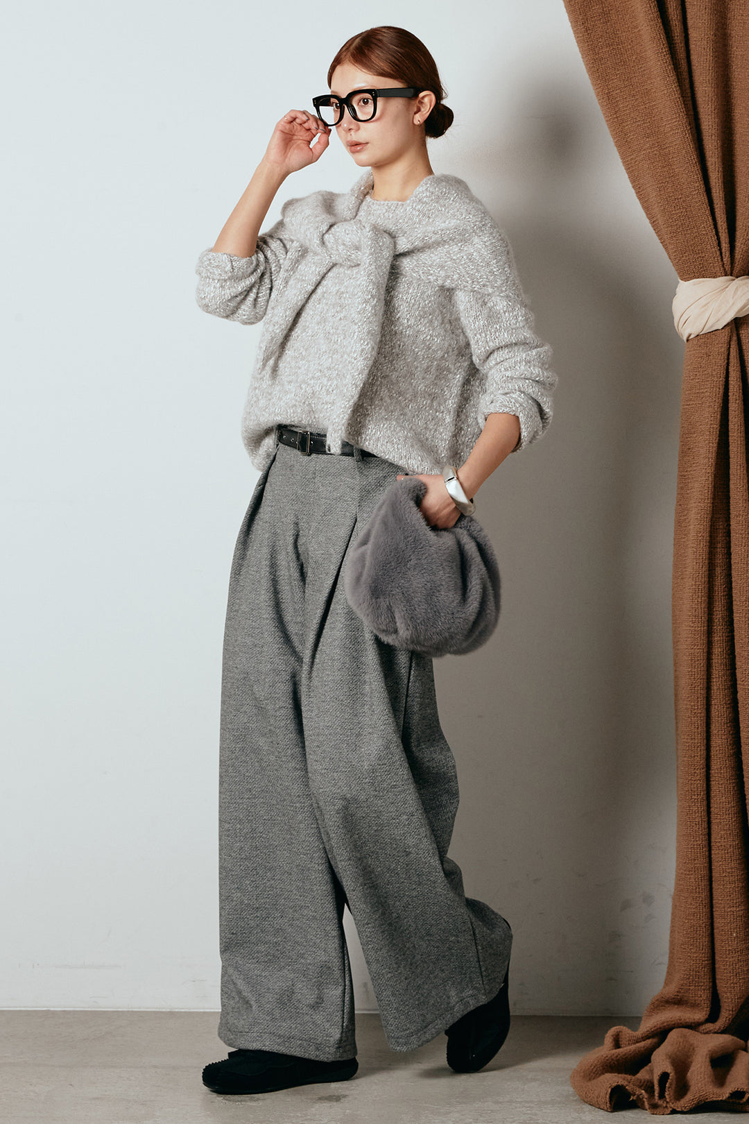[SET]スカーフ付きミックスニットトップス+細ベルト付き起毛タックワイドパンツ(2set)