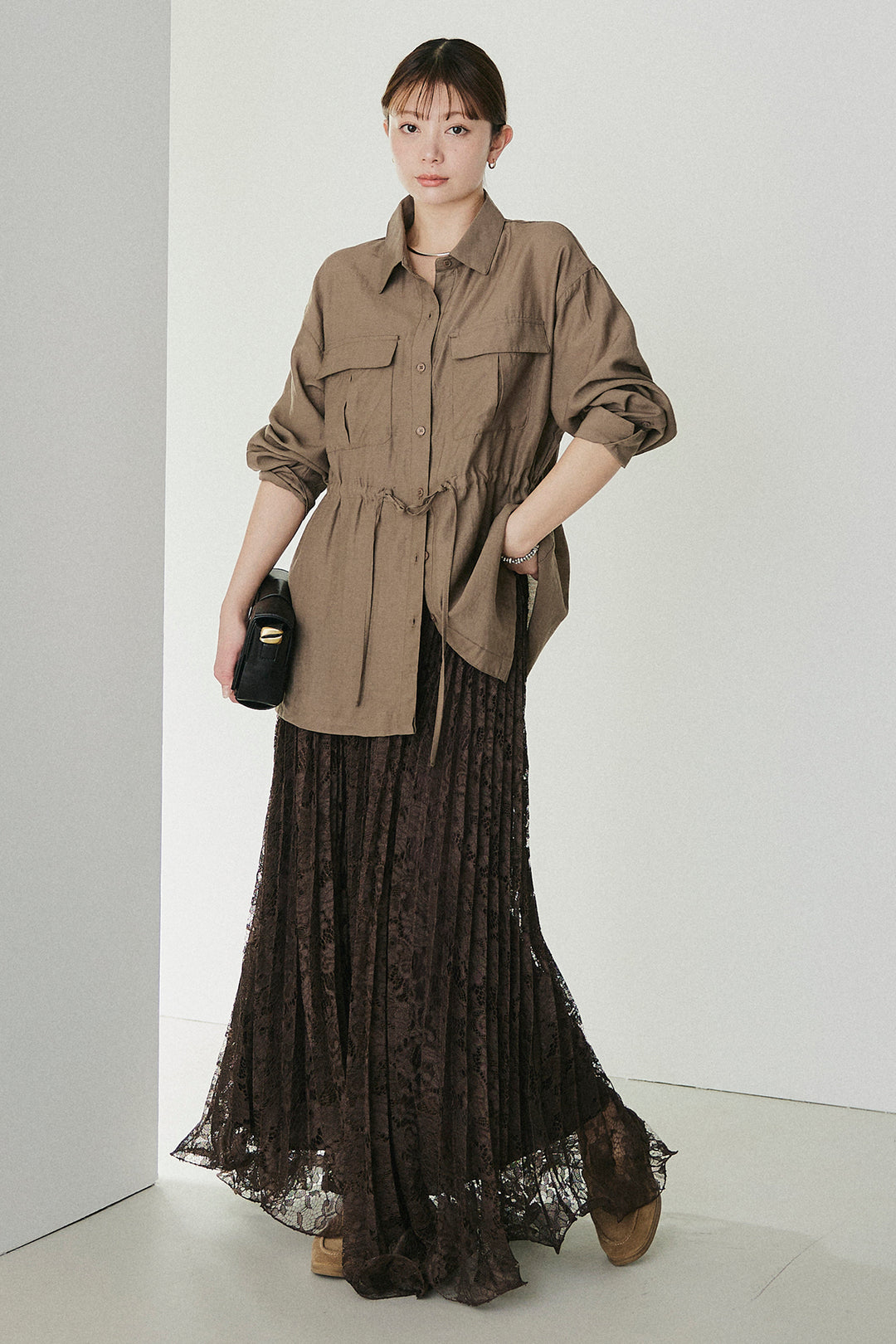 [SET]リネンブレンドシアーサファリシャツ+リラックスプリーツスカート(2set)