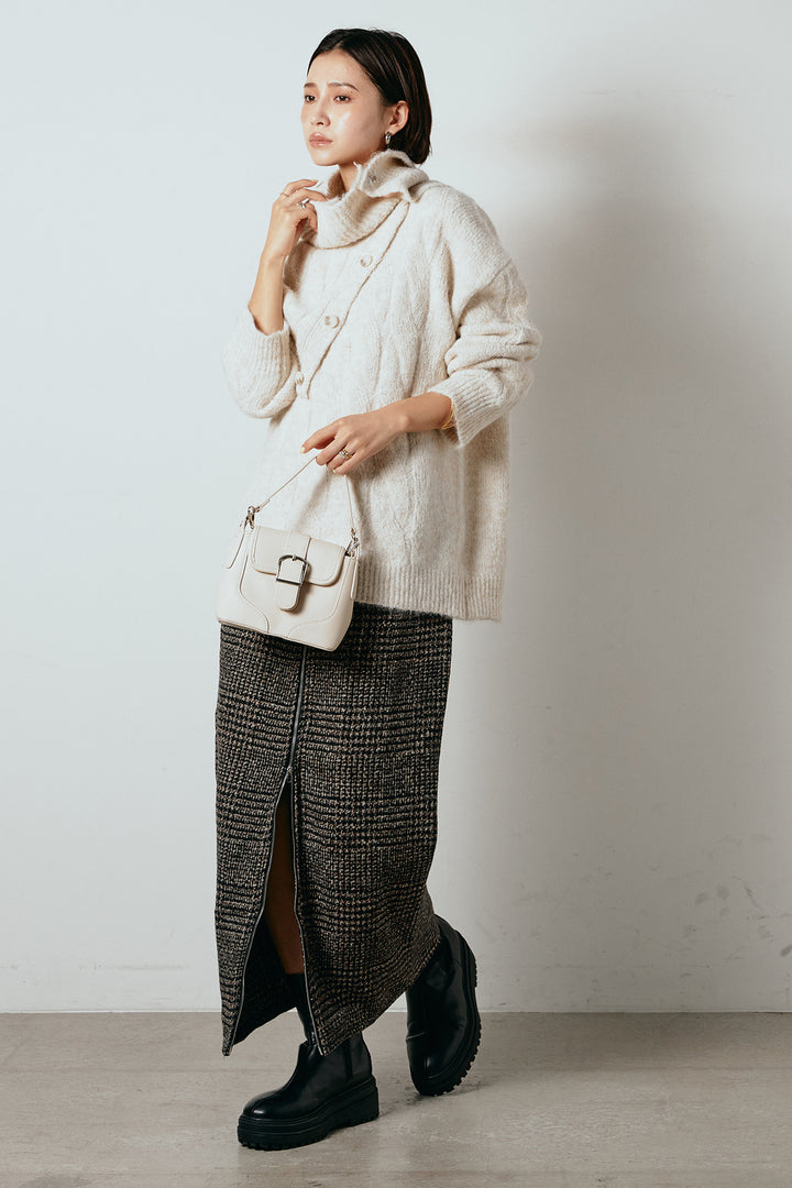 [SET]ケープデザインケーブルニットトップス+グレンチェック柄フロントジップタイトスカート(2set)