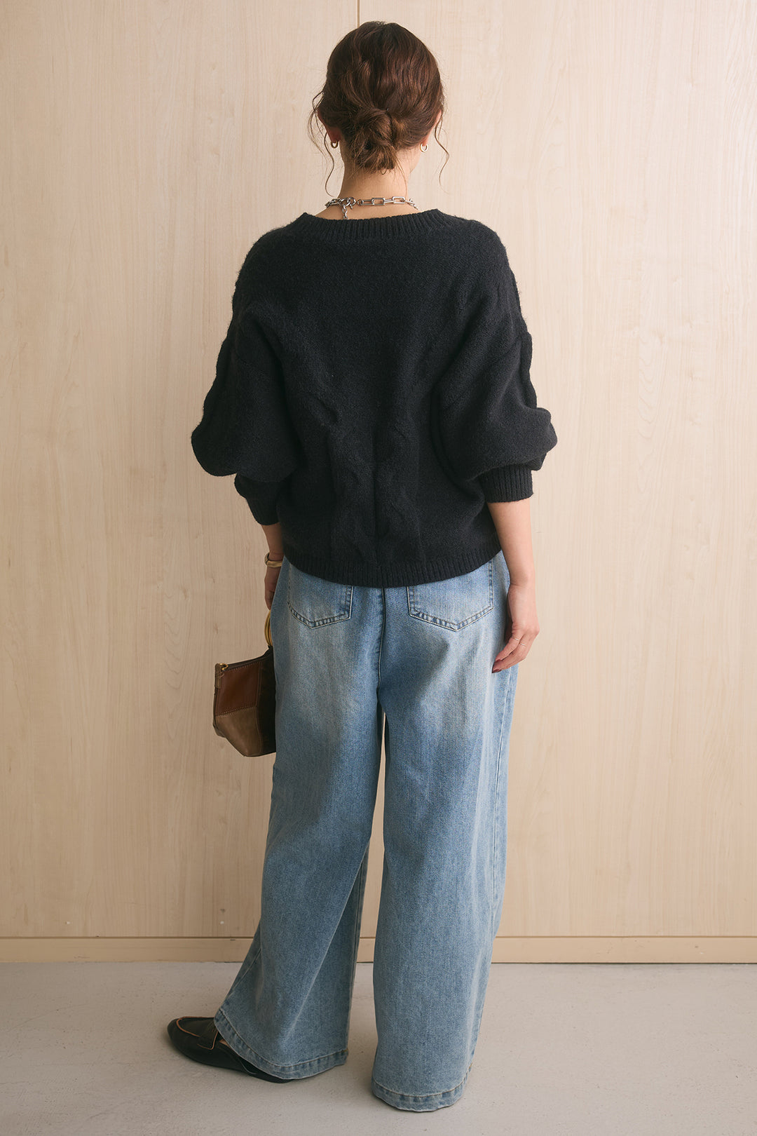 [SET]ケーブルカシュクールニットトップス+フロントジップストラップデザインデニムサロペット(2set)