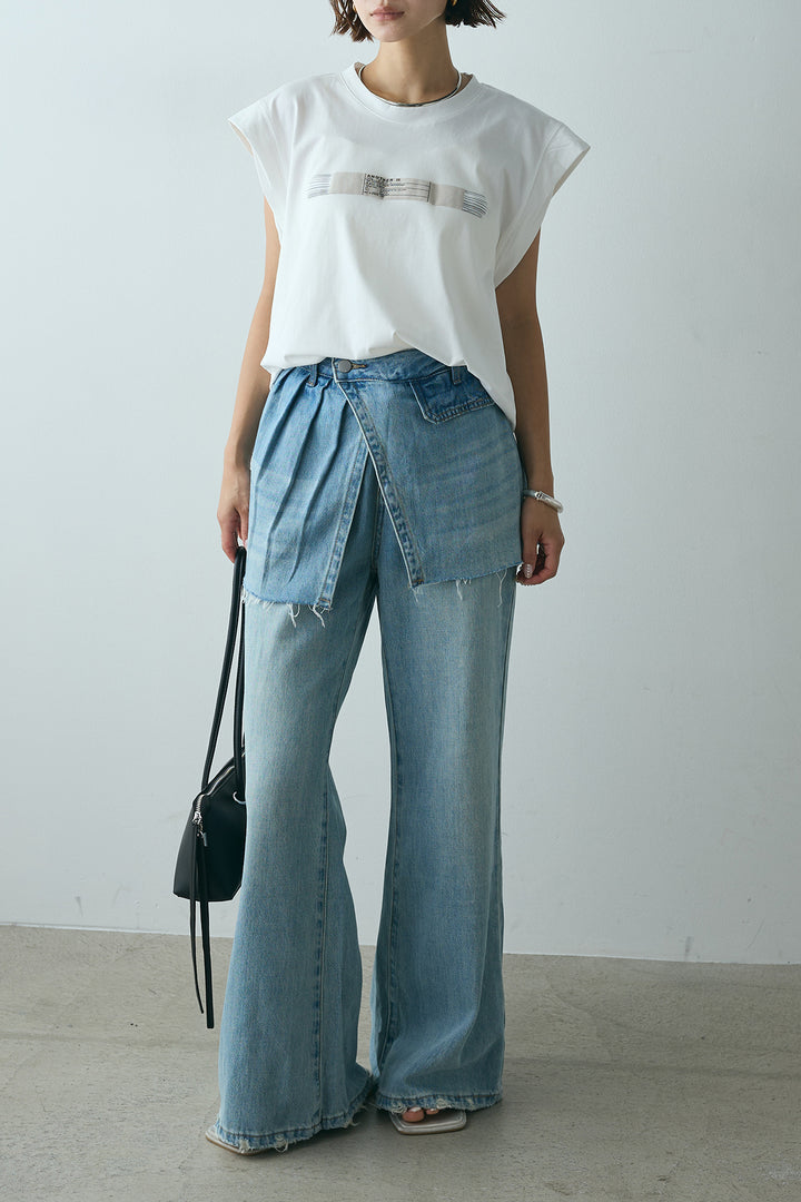 [SET]英字デザインノースリーブTシャツ+レイヤードデニムパンツ(2set)
