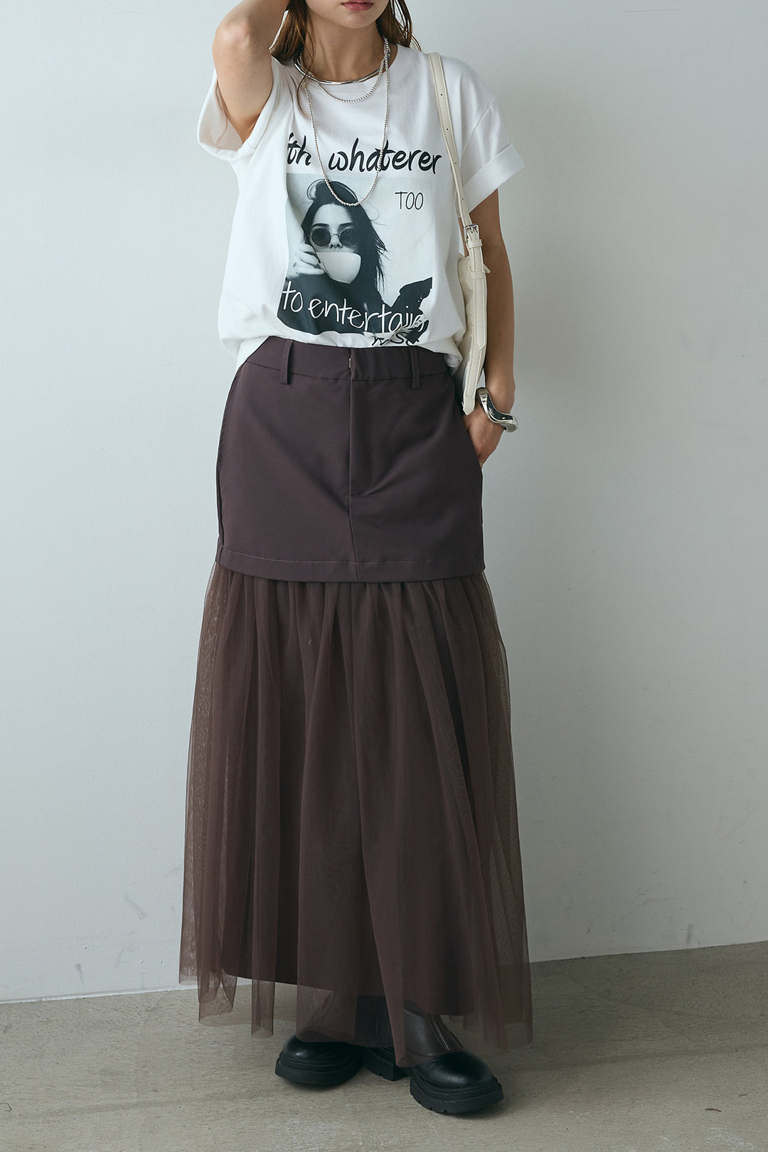 [SET]モノトーンフォトプリントTシャツ+切り替えデザインボリュームチュールスカート(2set)