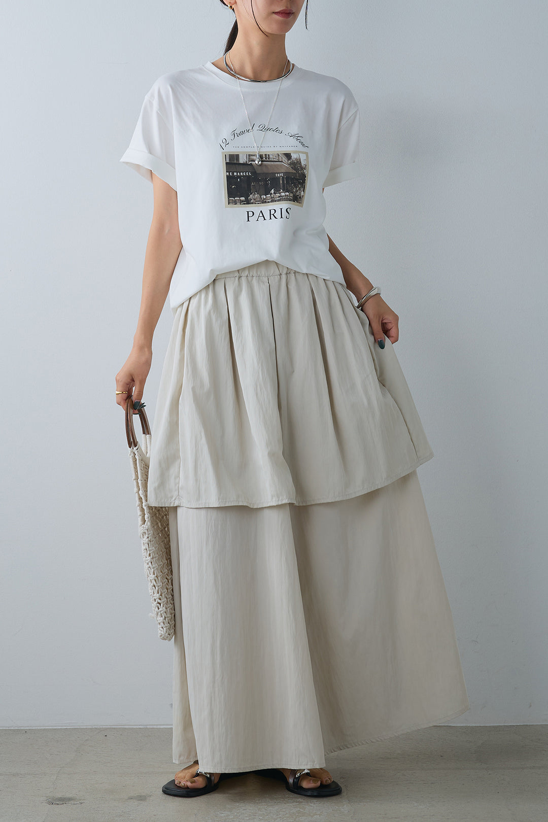 [SET]PARISフォトTシャツ+タックスカートドッキングフレアパンツ(2set)