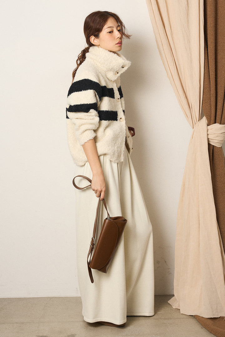 [SET]ハイネックボーダーニットカーディガン+フェイクレザー太ベルト付きタックワイドパンツ(2set)