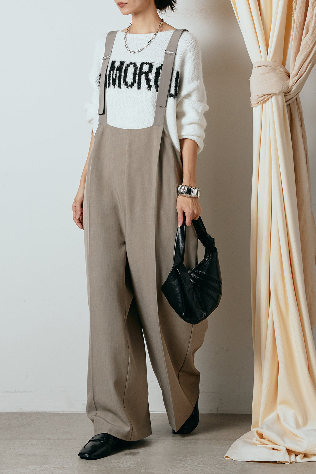 [SET]フロントロゴデザインニットトップス+ワイドツイルサロペット(2set)