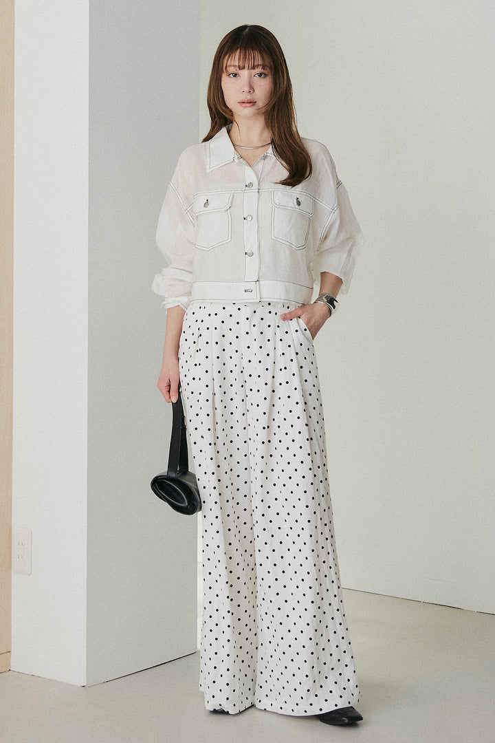 [SET]配色ステッチシアーシャツ+ベルト付きドット柄ワイドパンツ(2set)
