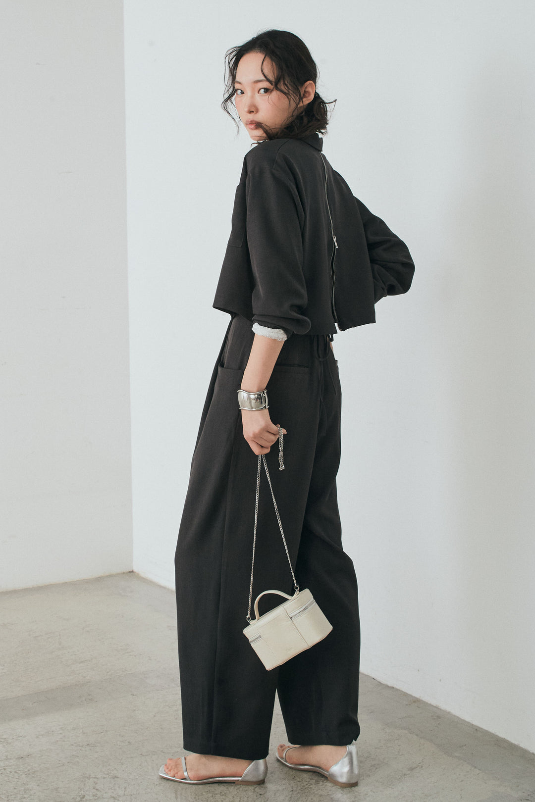 [SET]バックジップデザインショートツイルジャケット+キャミロングオールインワン(2set)