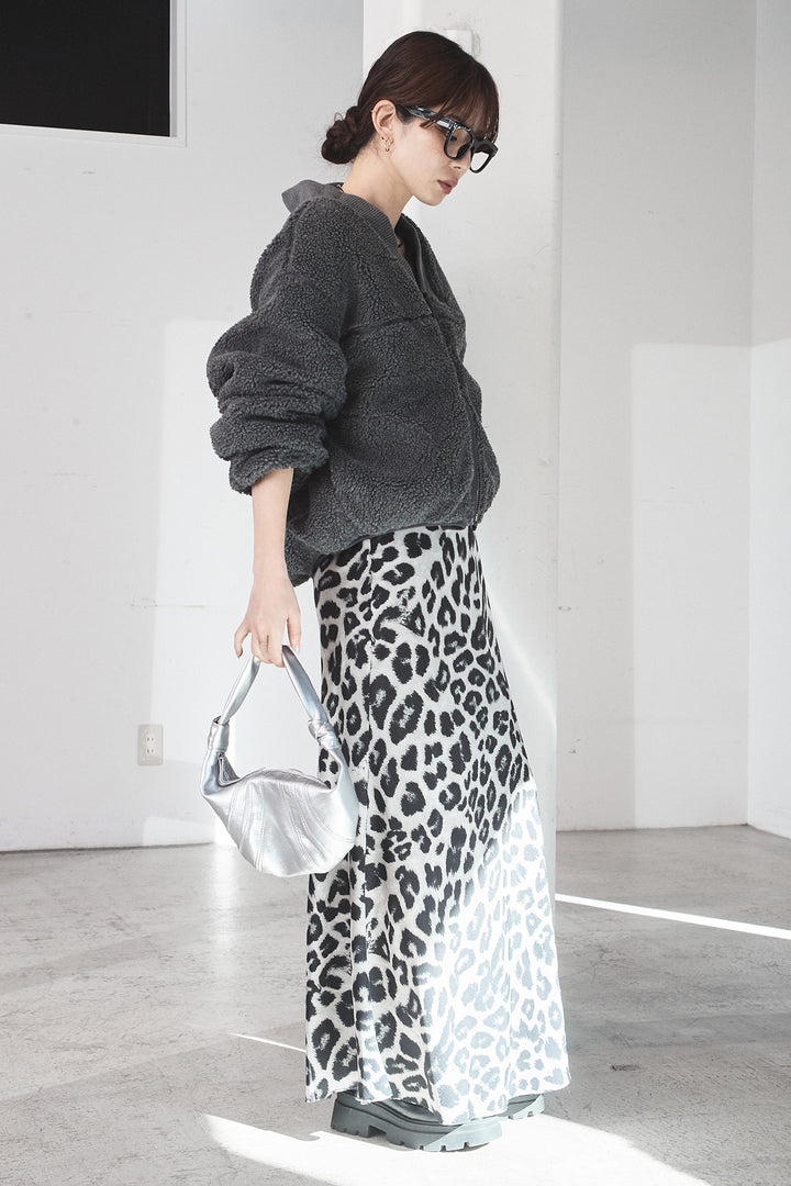 [SET]ノーカラーリブボアアウター+レオパードサテンナロースカート(2set)