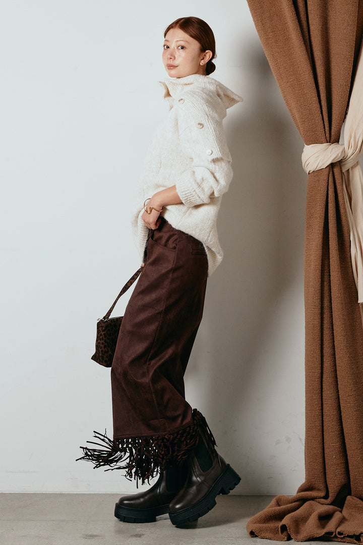 [SET]ケープデザインケーブルニットトップス+スウェードライク裾フリンジスカート(2set)