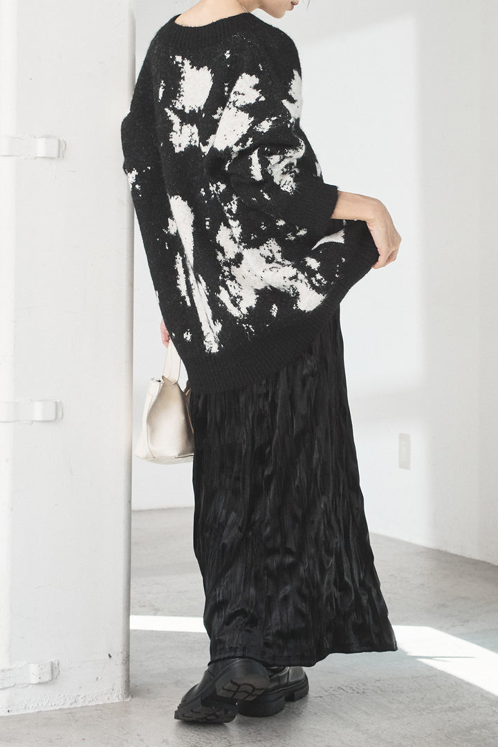 [SET]アブストラクト柄ニットプルオーバー+ベロアロングプリーツスカート(2set)