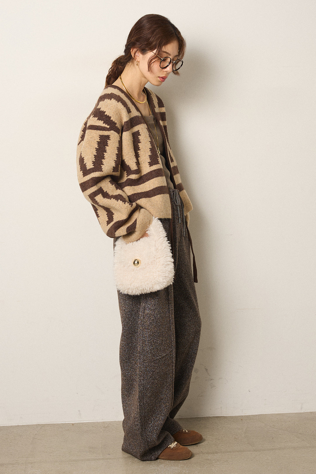 [SET]幾何学柄ノーカラーカーディガン+杢ニットフレアパンツ(2set)