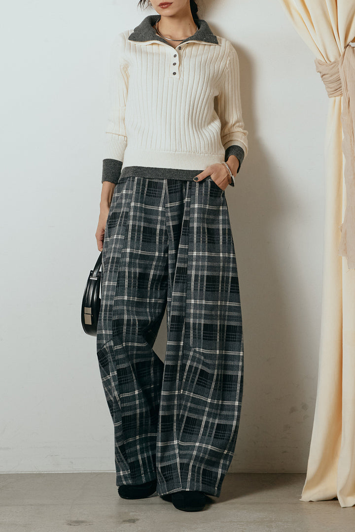 [SET]レイヤード風リブニットトップス+ベルト付きタータンチェックカーブワイドパンツ(2set)