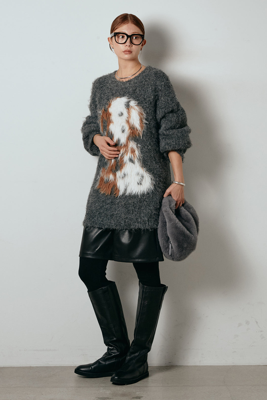 [SET]シャギーニュアンスアニマルニット+ストレッチエコレザーバミューダパンツ(2set)