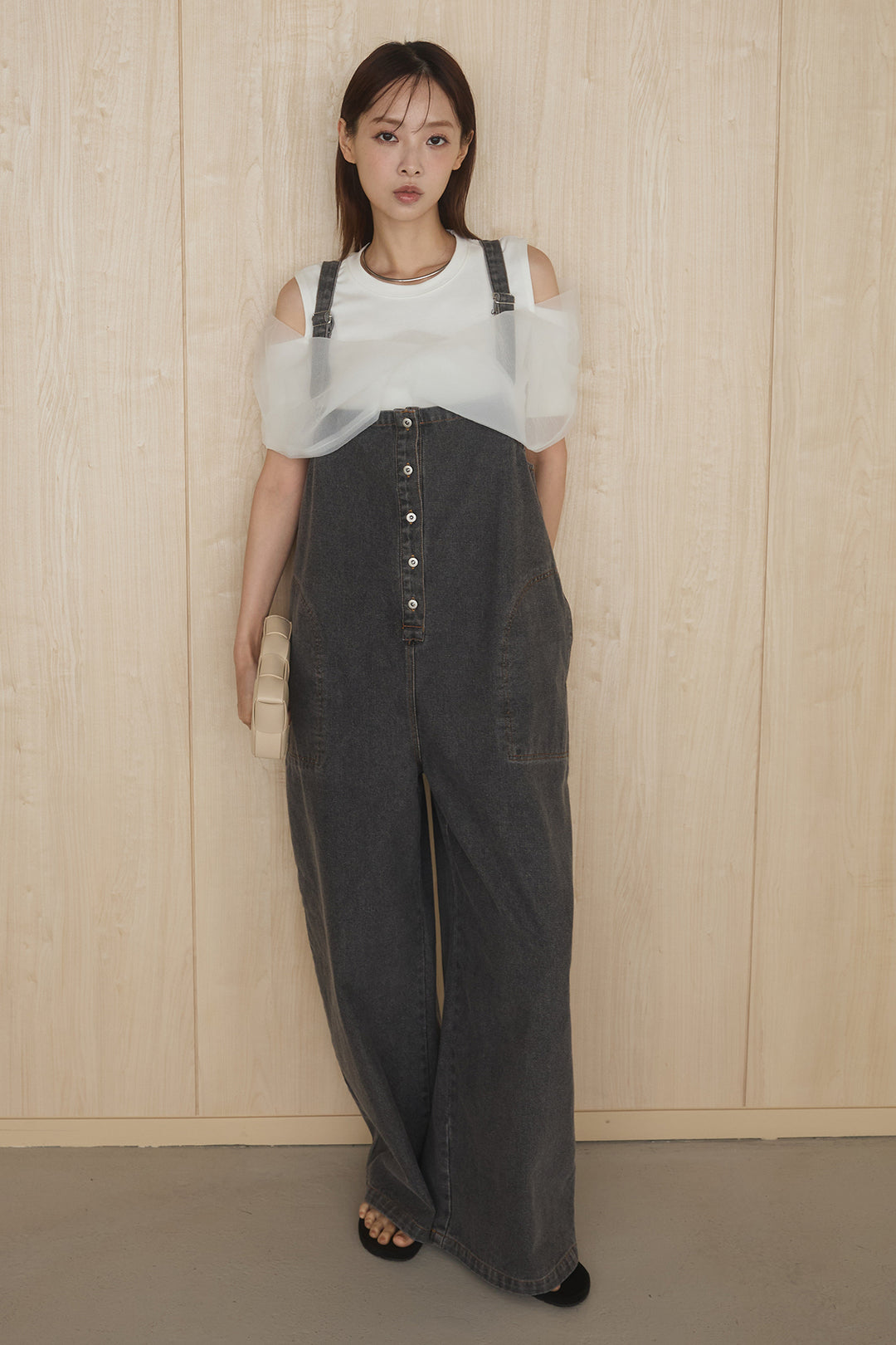 [SET]シアーレイヤーデザインカットソー+フロントボタンデニムサロペット(2set)