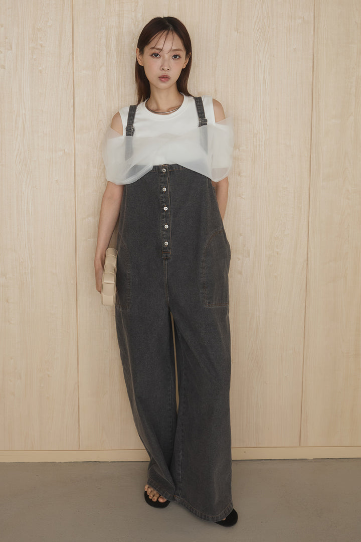 [SET]シアーレイヤーデザインカットソー+フロントボタンデニムサロペット(2set)