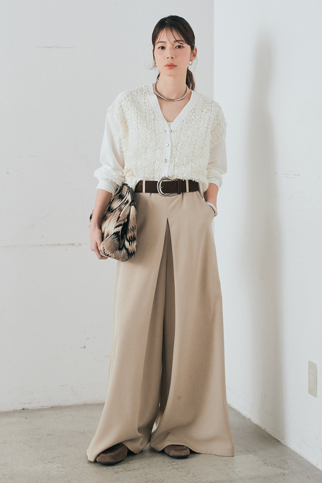 [SET]モコレースVネックカーディガン+太ベルト付きフロントタックパンツ(2set)