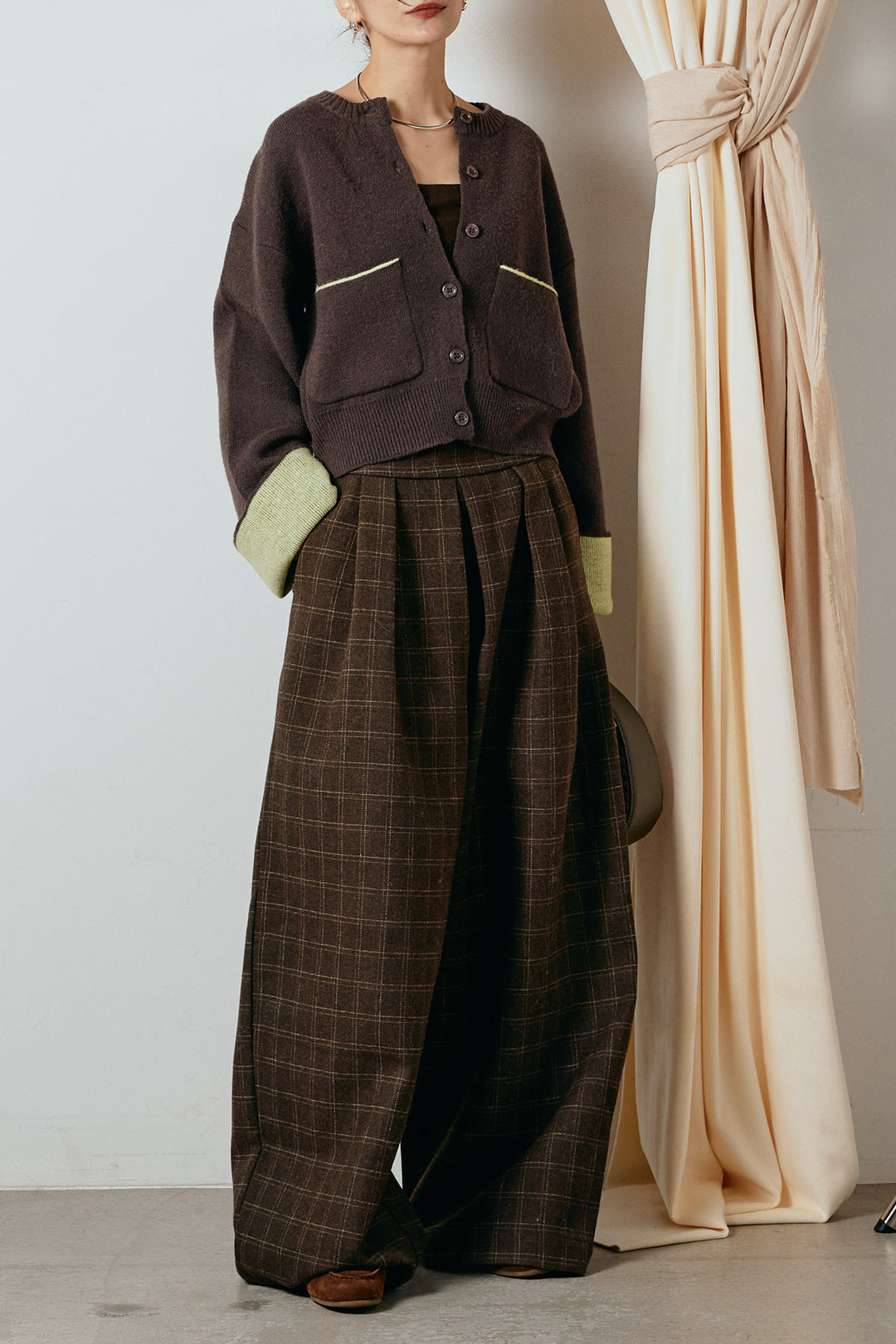 [SET]アルパカタッチダブルフェイスカーディガン+ウールライクチェックタックパンツ(2set)