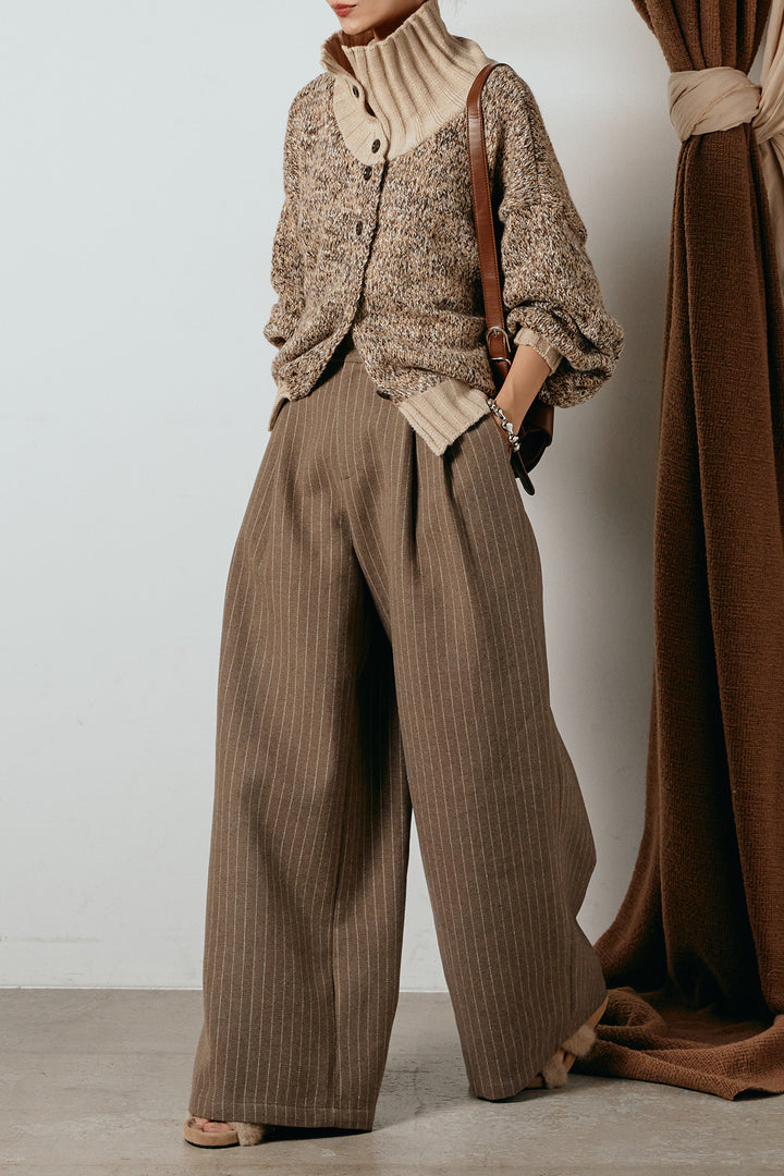 [SET]ハイネックミックスニットカーディガン+ウールライクストライプパンツ(2set)