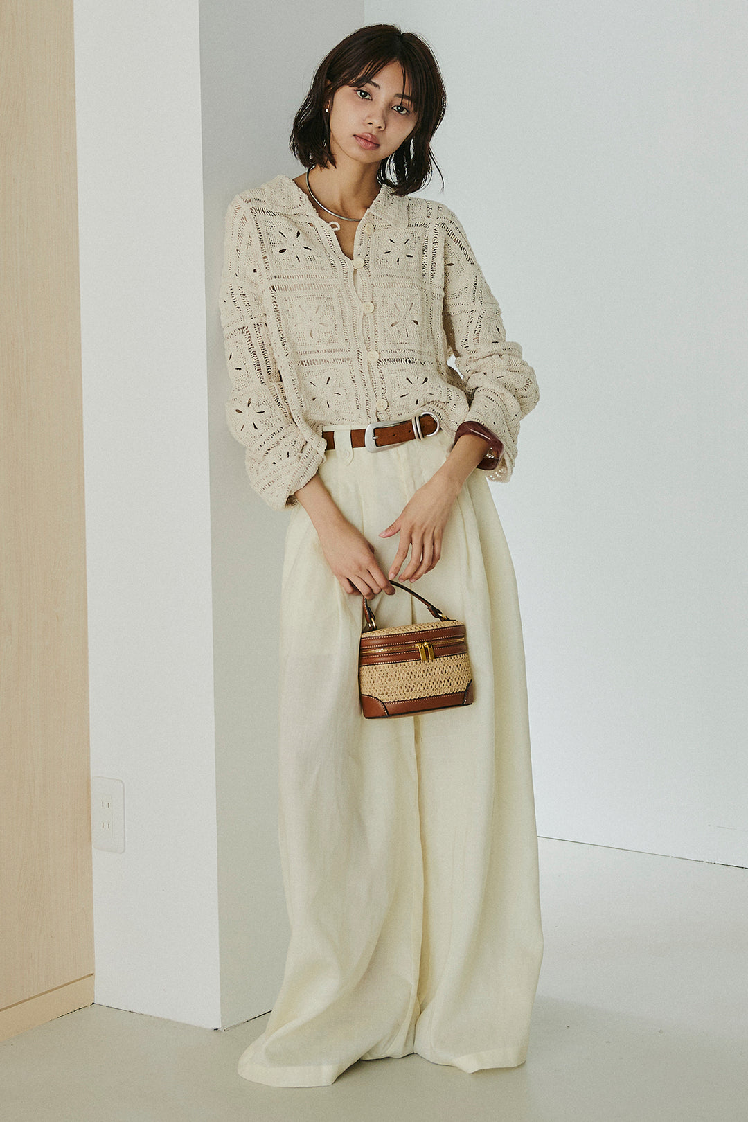 [SET]鍵編みフラワーレースカーディガン+タック入りワイドパンツ(2set)
