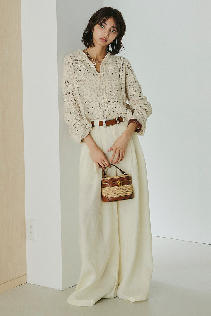 [SET]鍵編みフラワーレースカーディガン+タック入りワイドパンツ(2set)