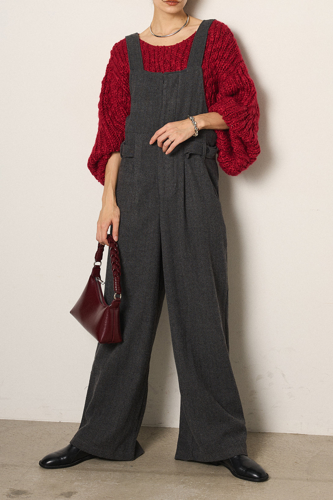 [SET]チャンキースラブニットクロップドプルオーバー+クラシックヘリンボーンサロペット(2set)