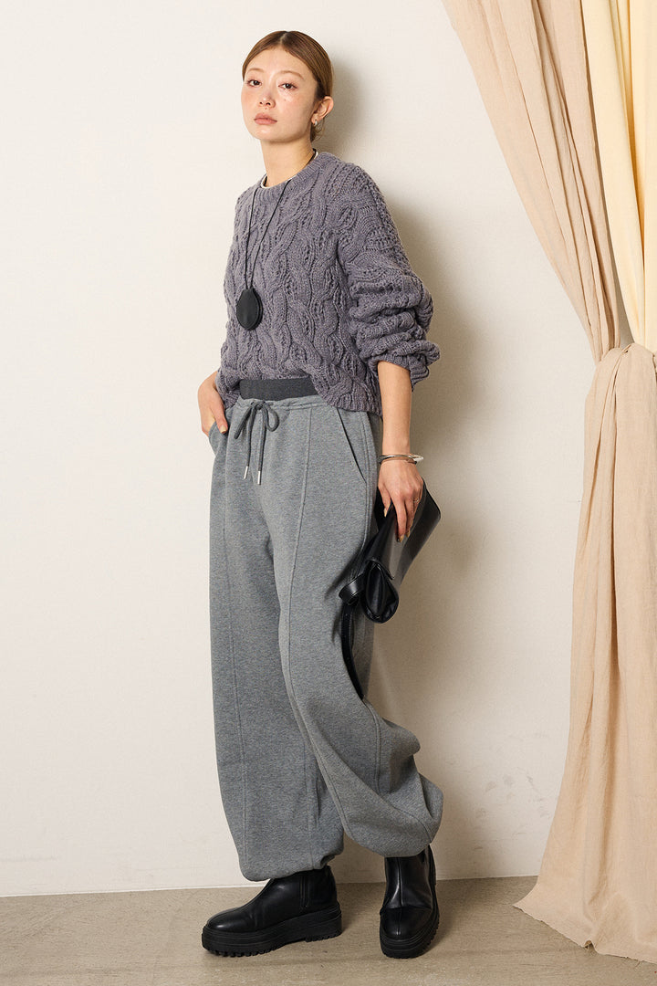 [SET]ケーブルリラックスショートニット+スウェットワイドカーブパンツ(2set)