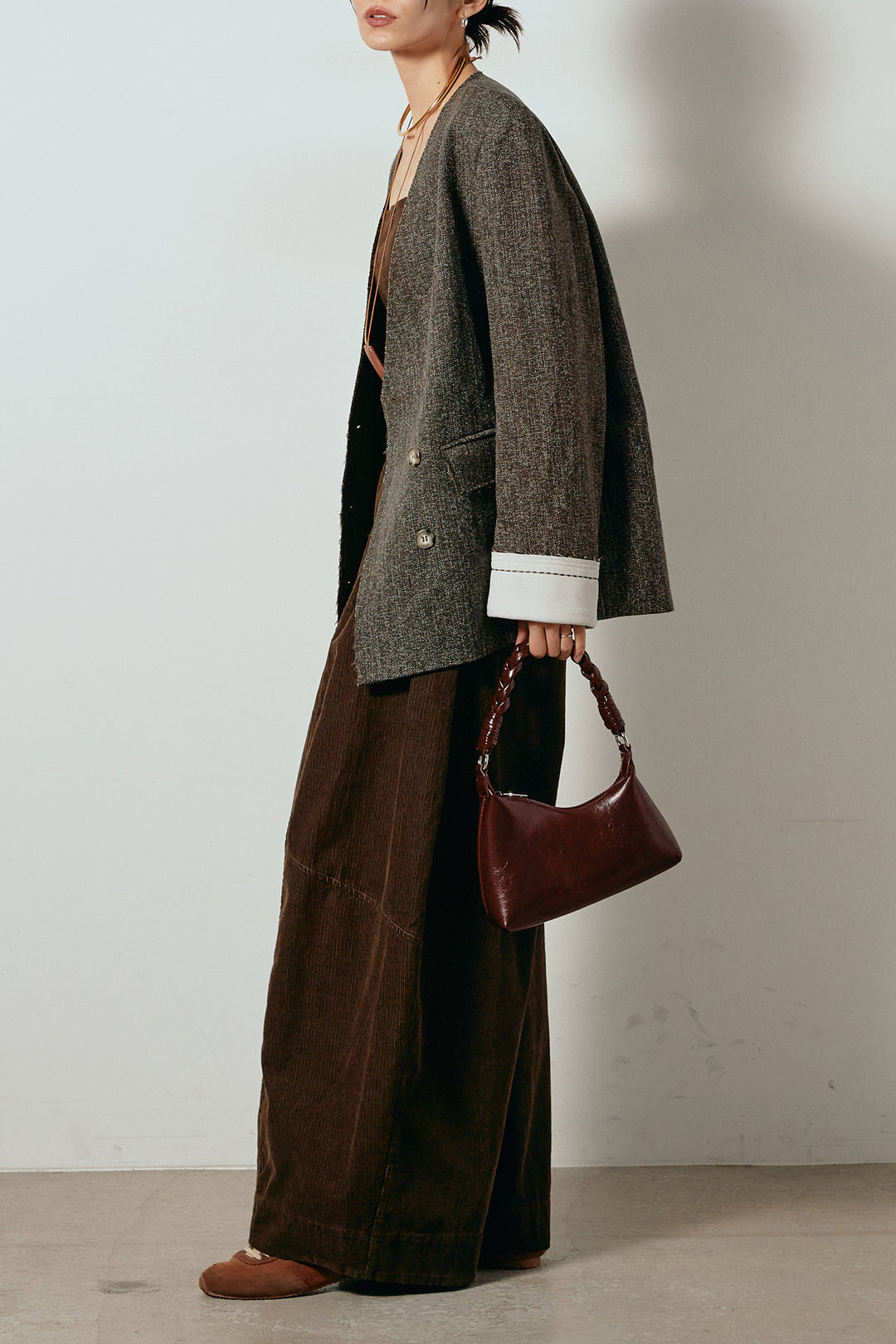 [SET]ノーカラーダブルボタンツイードジャケット+タック入りコーデュロイワイドパンツ(2set)