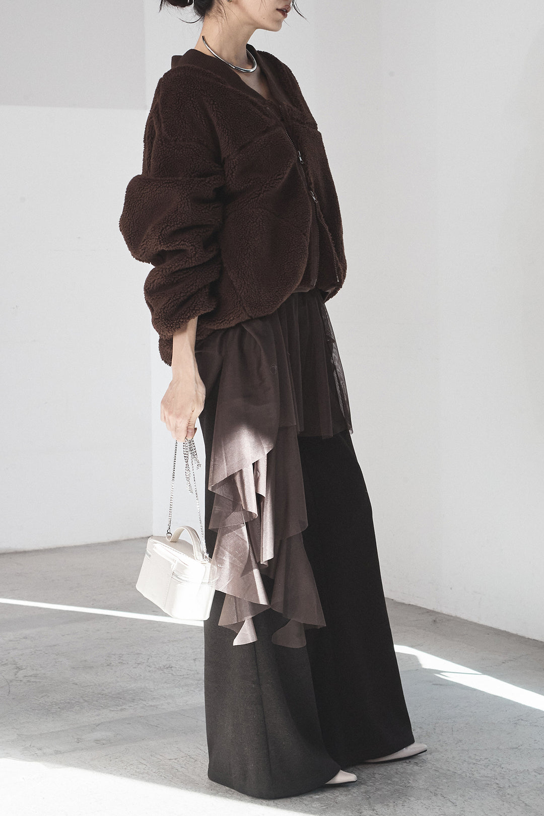 [SET]ノーカラーリブボアアウター+チュールレイヤードニットパンツ(2set)