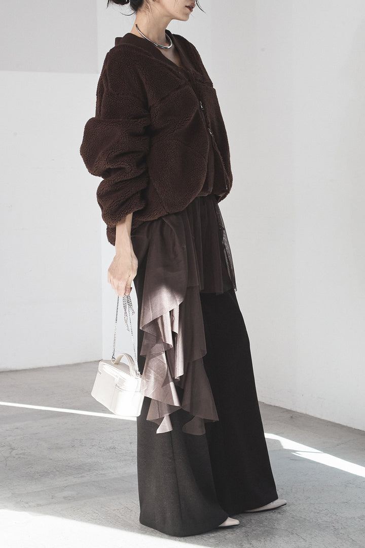 [SET]ノーカラーリブボアアウター+チュールレイヤードニットパンツ(2set)