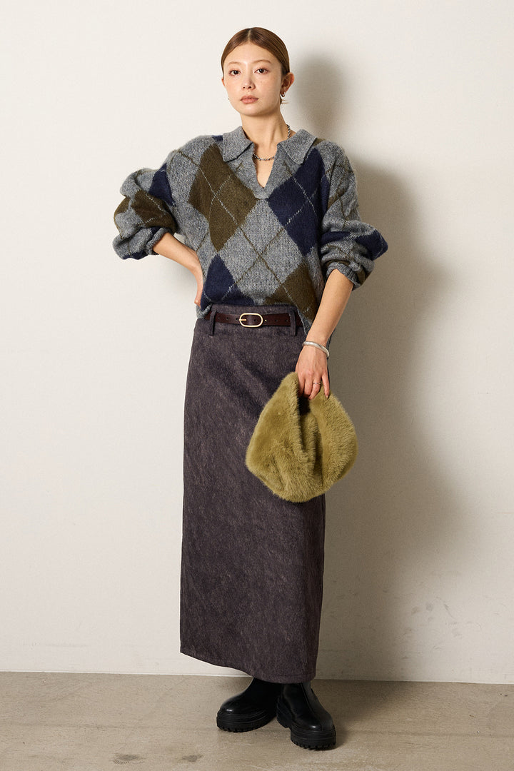 [SET]アクリルモヘアアーガイルキーネックプルオーバー+ロープベルト付きスウェード調スカート(2set)
