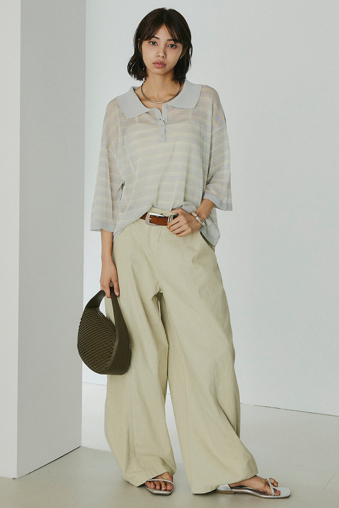 [SET]ボーダーニットポロシャツ+サイドベルトカーブワイドパンツ(2set)