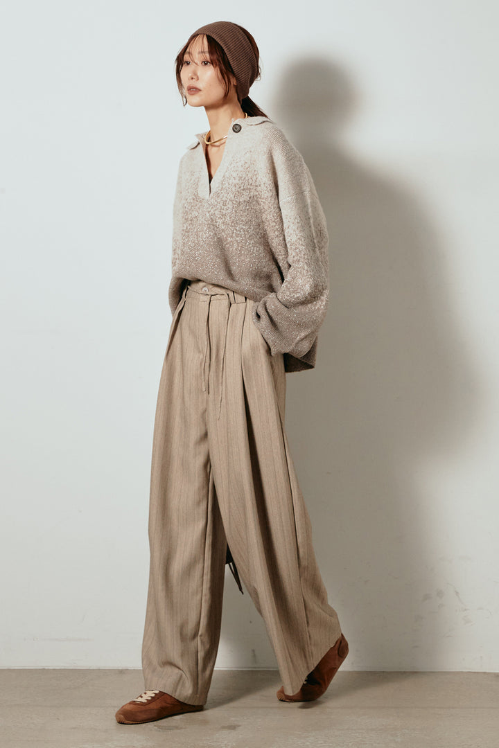 [SET]グラデーションラメニットキーネックプルオーバー+ストライプヘリンボーンパンツ(2set)