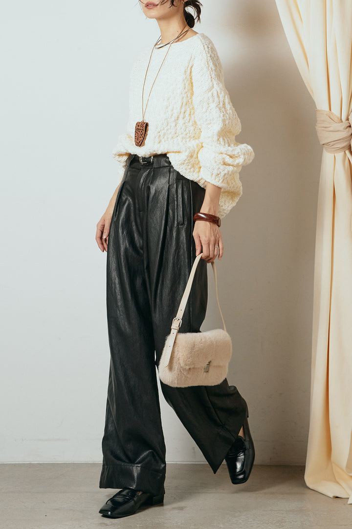 [SET]ボリューム編みニットプルオーバー+ベルト付きレザーライクタックパンツ(2set)