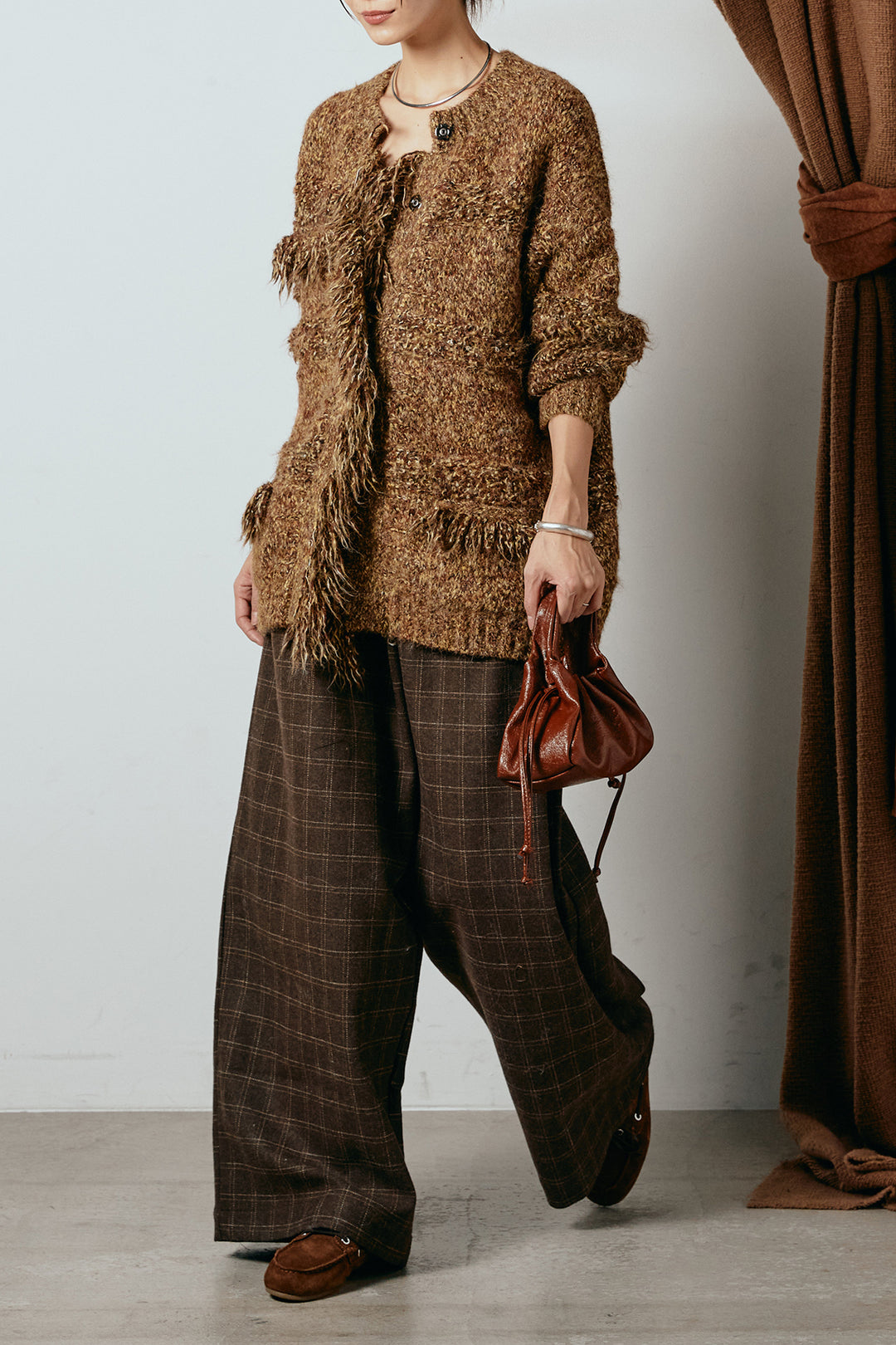 [SET]フリンジニットカーディガン+ウールライクチェックタックパンツ(2set)