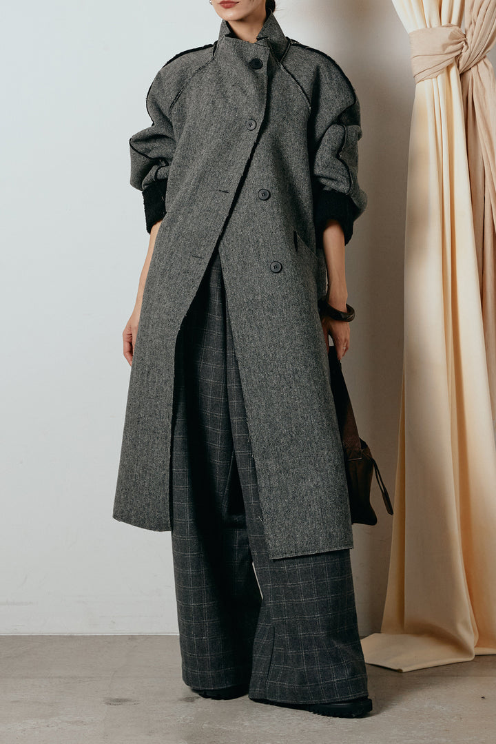 [SET]裏地ボアハイネックロングアウター+ウールライクチェックタックパンツ(2set)