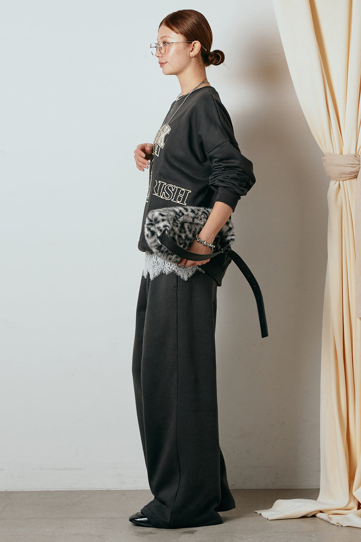 [SET]裏毛カレッジプリントプルオーバー+裏起毛スウェットワイドパンツ+カップ付きレースドッキングキャミソール(3set)