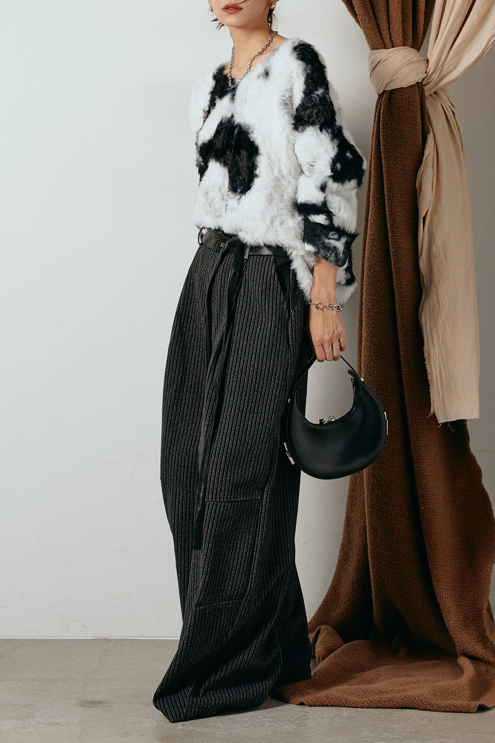 [SET]タイダイ柄シャギーニットトップス+レザーライク配色ストライプパンツ(2set)