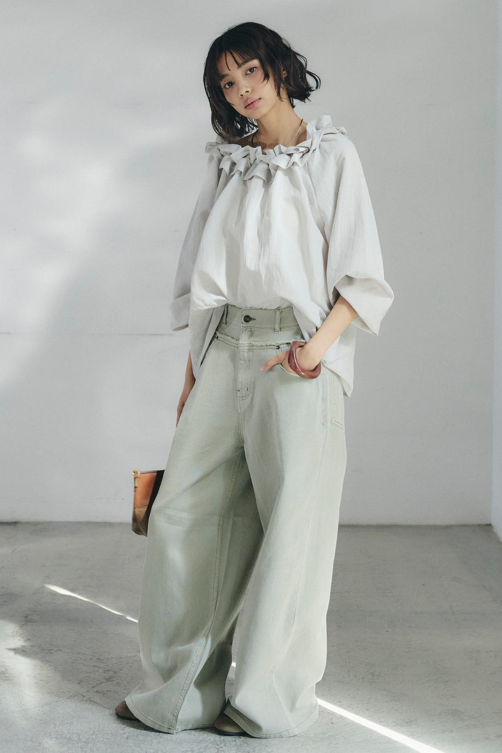 [SET]ネックフリルデザインブラウス+ウエスト裁ち切りデニムワイドパンツ(2set)