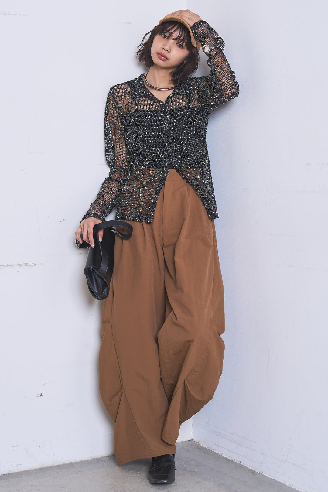 [SET]ネップメッシュポロ襟カーディガン+ドライタフタタックバレルパンツ(2set)