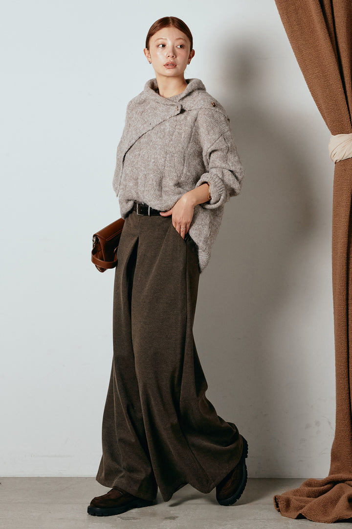 [SET]ケープデザインケーブルニットトップス+ベルト付きフロントタックデザインパンツ(2set)