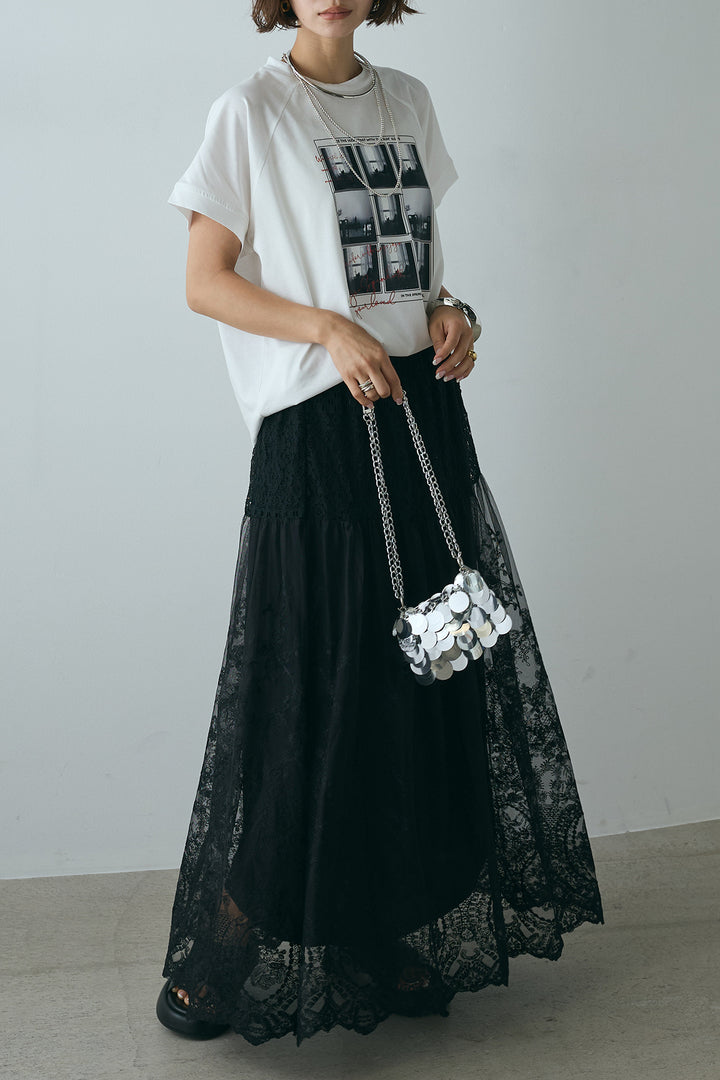 [SET]フォトプリントラグランTシャツ+ミックスレース刺繍スカート(2set)