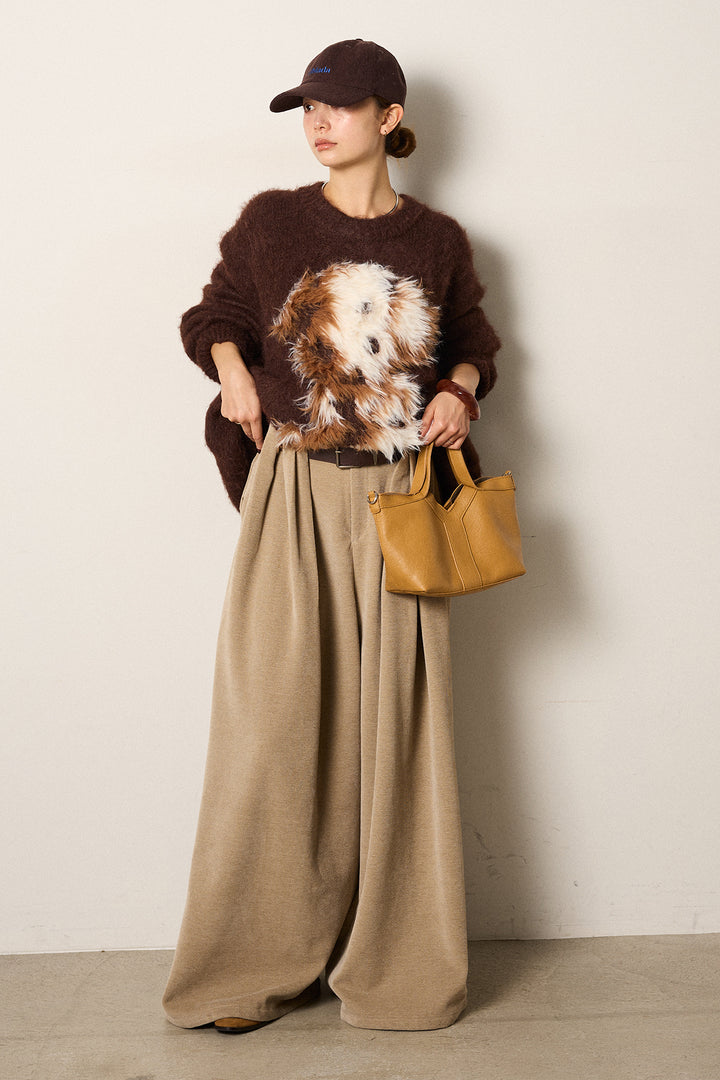 [SET]シャギーニュアンスアニマルニット+ベルトループコーデュロイワイドパンツ(2set)