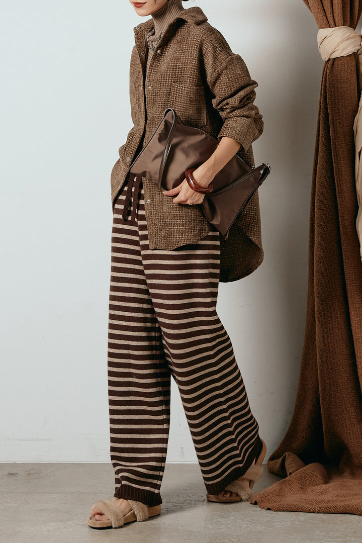 [SET]ルーズクラッシュツイルシャツ+リブニットシームレスタートルプルオーバー+ボーダーリラックスニットパンツ(3set)