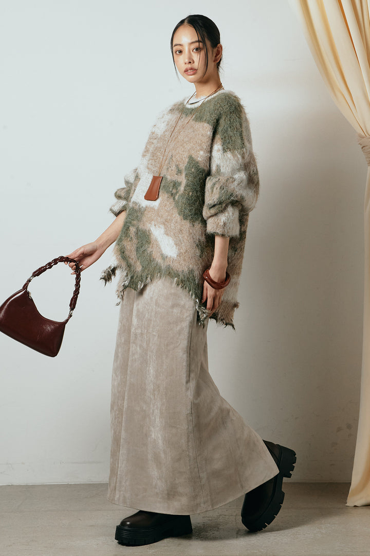 [SET]起毛裾デザインニュアンス柄ニットトップス+エコスウェードワイドスカート(2set)